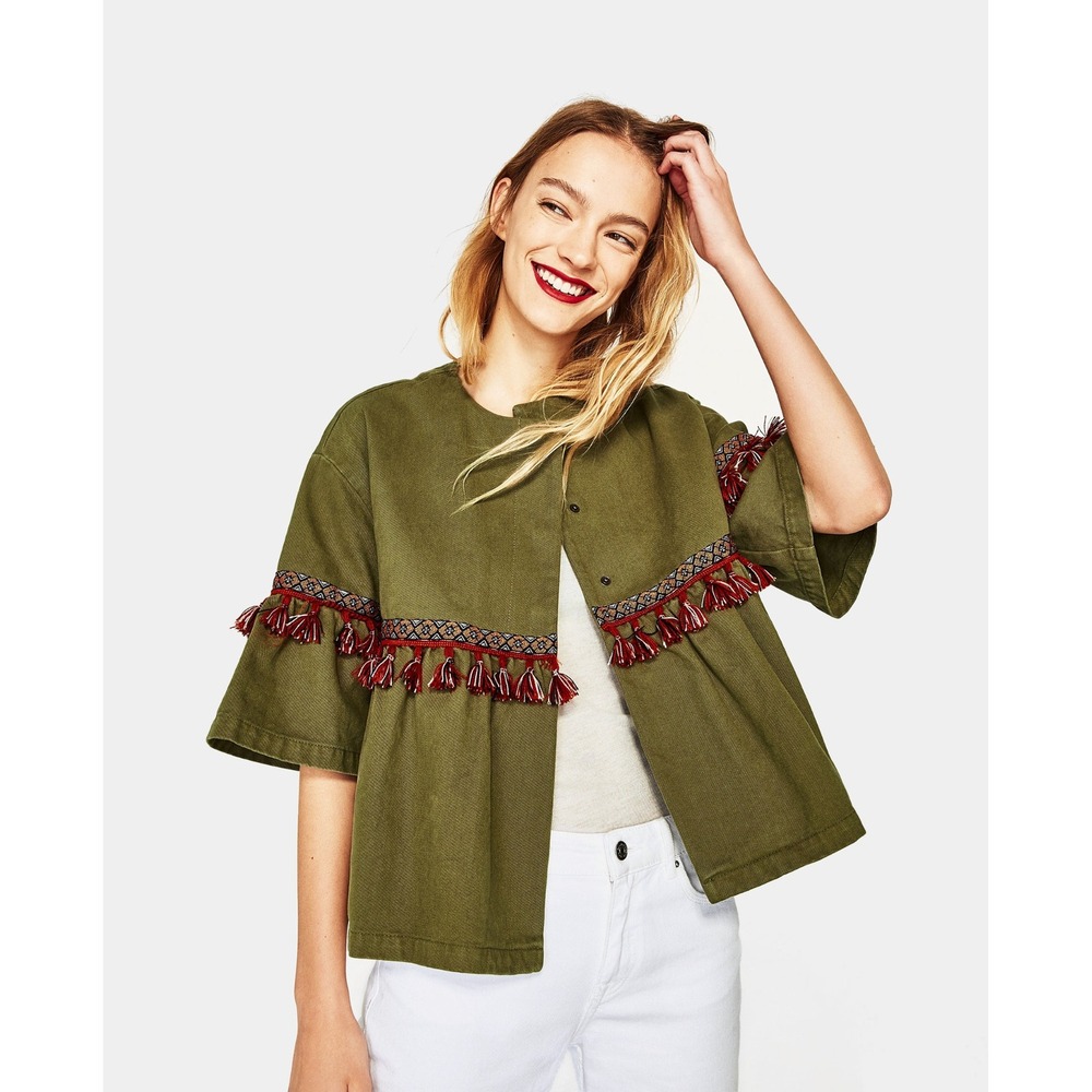 Zara Jacket Women S Olive Green Boho Embroidered Tassel Trim Z1975 Denim Short